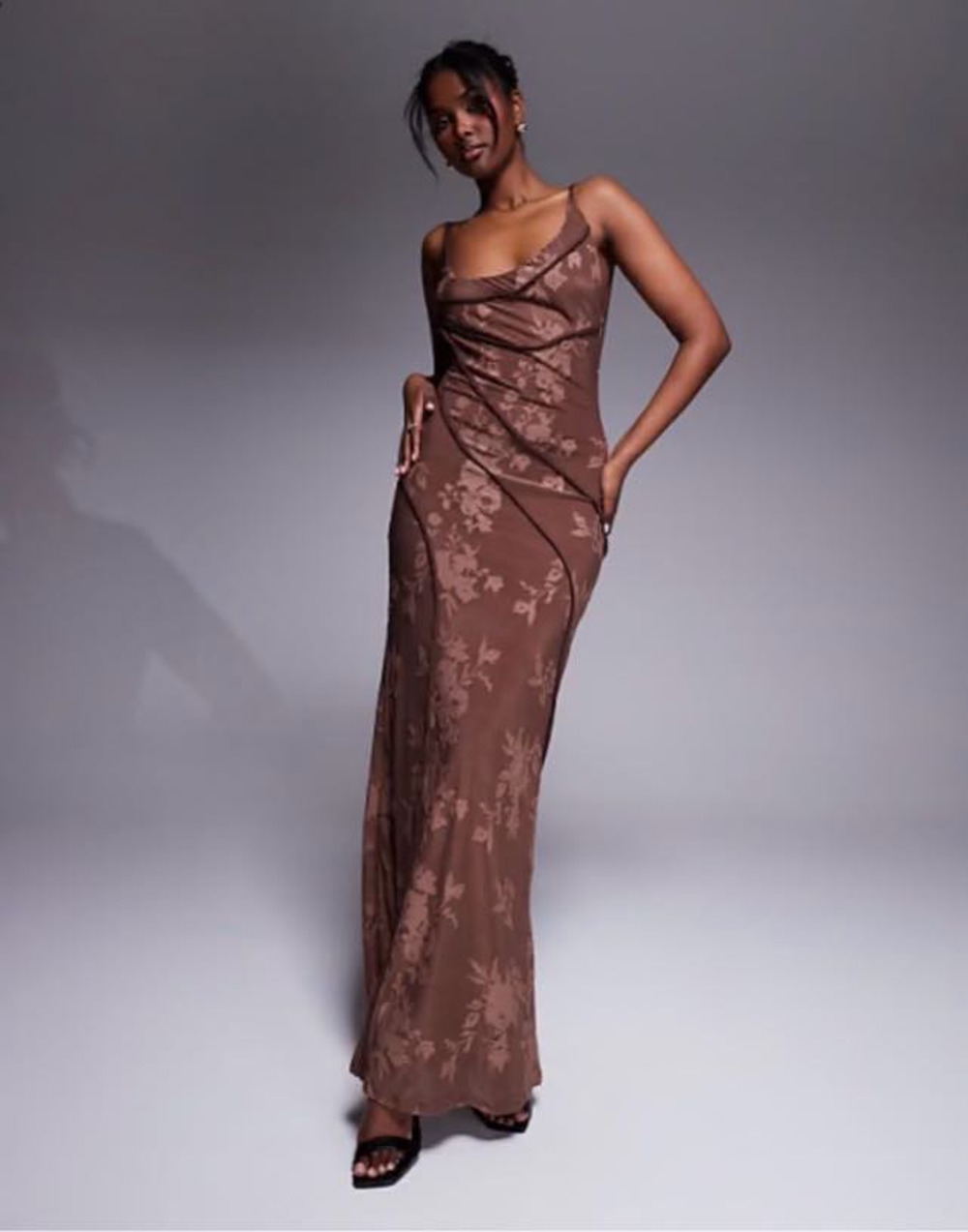 Asos Design Women's Asymmetric Neckline Devore Maxi Dress Choco Brown Size US 6
